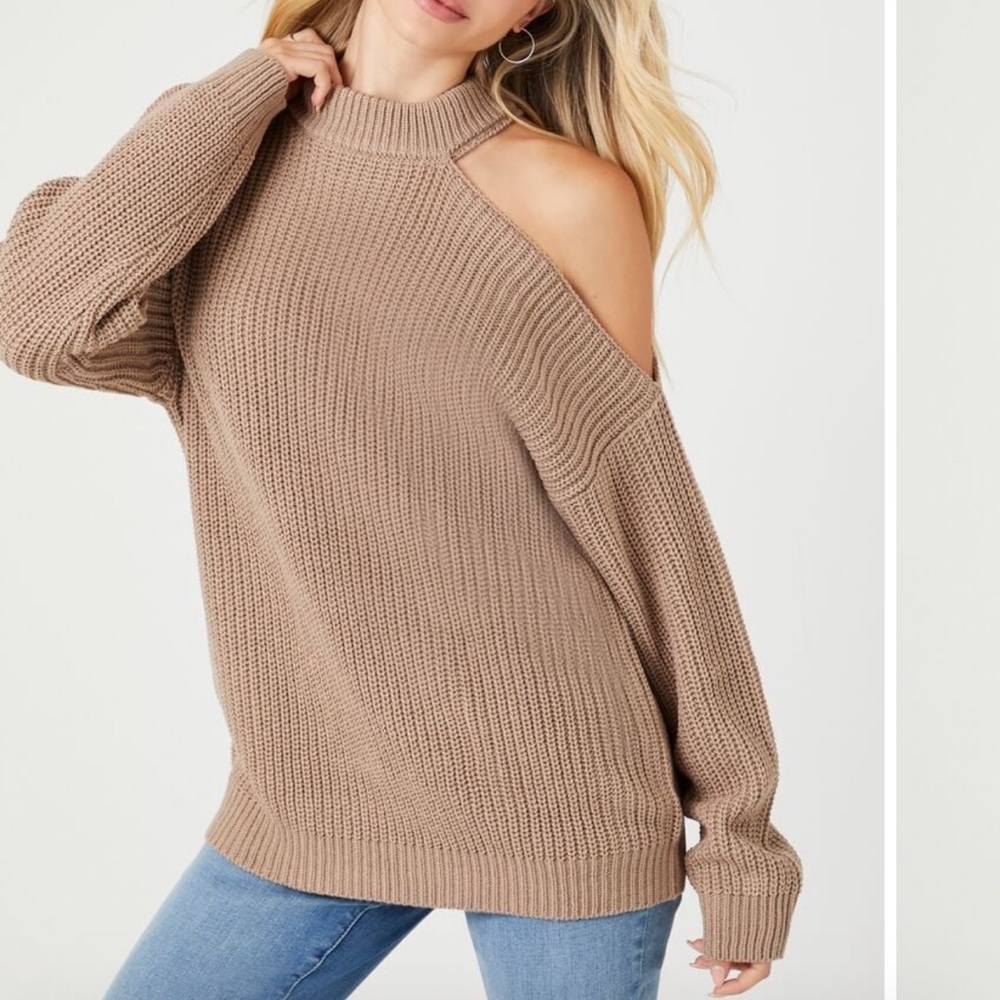 Brand new open shoulder tan sweater
